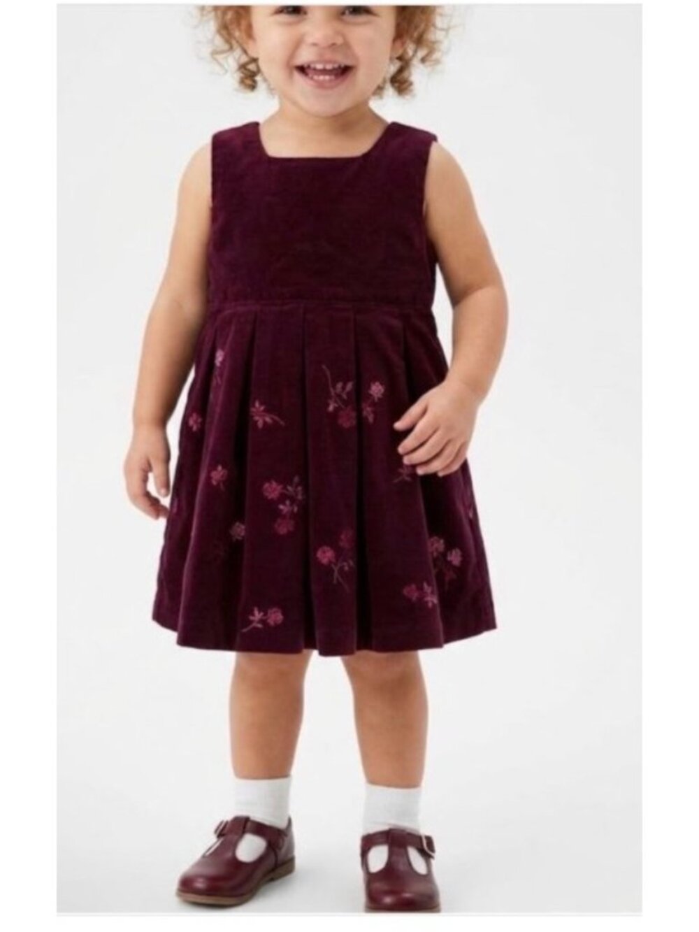 Baby Gap Maroon Crushed Velvet Pleated Embroidered Dress 12-18 MonthsBaby Gap Cr